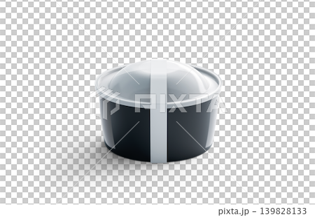 Blank black round disposable container with white label mockup png, transparent background, 3d rendering. Empty food box mock up. Clear lunch box with lid cut out. Takeaway tray for dinner. 139828133