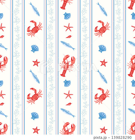 Nautical trendy seamless coral motifs stripe pattern with red crabs, lobsters, blue color shells, fishes and starfish for summer beach design on a cream background. Coastal style textiles, wrapping Nautical trendy seamless coral motifs stripe pattern with red crabs, lobsters, blue color shells, fishes and starfish for summer beach design on a cream background. Coastal style textiles, wrapping 139828290