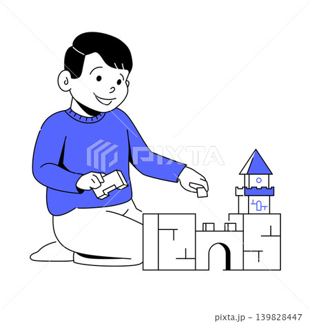 Boy Playing with Blocks - Colorful Flat Design Illustration 139828447