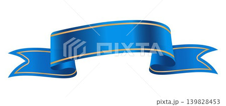 Realistic vector illustration of a gracefully curved blue ribbon banner with prominent gold trim. The ribbon has a satin sheen and undulating shape with pointed fishtail ends, isolated on white Realistic vector illustration of a gracefully curved blue ribbon banner with prominent gold trim. The ribbon has a satin sheen and undulating shape with pointed fishtail ends, isolated on white 139828453