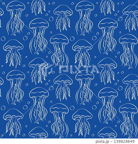 Hand-drawn seamless pattern of jellyfish and bubbles on blue background for event decor, menu, summer seaside vacation projects 139828649