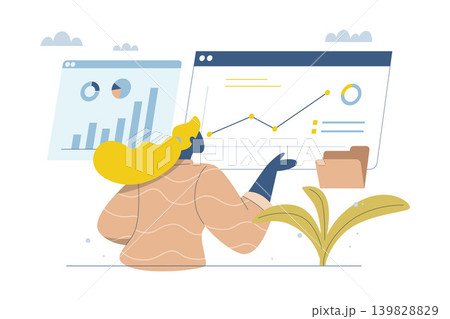 Analyze and verify, Business data analysis and monitoring, Statistics tracking management, Online communication, Businesswoman checking big data on dashboard or website page, Vector illustration. 139828829