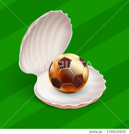 Golden soccer ball lies in a seashell at the stadium Golden soccer ball lies in a seashell at the stadium 139828926