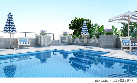 Luxury rooftop swimming pool with modern terrace lounge and city view, 3D Rendering Luxury rooftop swimming pool with modern terrace lounge and city view, 3D Rendering 139828977