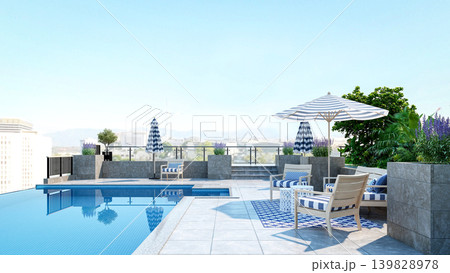 Luxury rooftop swimming pool with modern terrace lounge and city view, 3D Rendering Luxury rooftop swimming pool with modern terrace lounge and city view, 3D Rendering 139828978