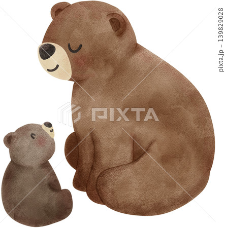 Preppy Mama and baby bear riding bicycle together watercolor seamless pattern 139829028