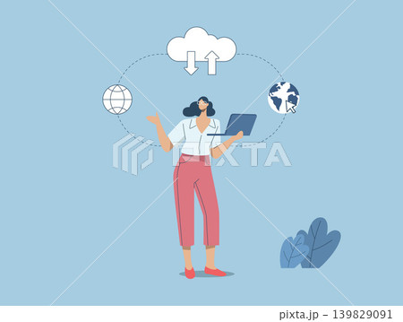 Secure connection, Storage of important data, and cloud technology, Cloud computing services business technology concept, Woman standing using laptop to work in social media. Vector illustration. 139829091