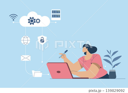 Secure connection, Storage of important data, and cloud technology, Cloud computing services business technology concept, Woman standing using laptop to work in social media. Vector illustration. Secure connection, Storage of important data, and cloud technology, Cloud computing services business technology concept, Woman standing using laptop to work in social media. Vector illustration. 139829092