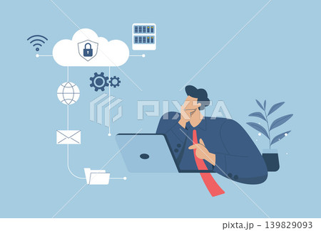 Secure connection, Storage of important data, and cloud technology, Cloud computing services business technology concept, Woman standing using laptop to work in social media. Vector illustration. Secure connection, Storage of important data, and cloud technology, Cloud computing services business technology concept, Woman standing using laptop to work in social media. Vector illustration. 139829093