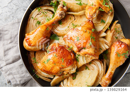 Roast chicken with cabbage in soy sauce and honey closeup. Horizontal top view 139829164