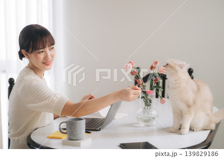 Joyful young asian woman smiling bright feeding fluffy white pet cat at home table with laptop computer feeling deep affection enjoying relaxed remote work lifestyle inside cozy room Joyful young asian woman smiling bright feeding fluffy white pet cat at home table with laptop computer feeling deep affection enjoying relaxed remote work lifestyle inside cozy room 139829186