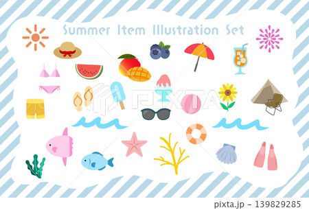 夏アイテムのかわいい手描き風イラストセット｜海・ビーチ・サマー素材集 139829285