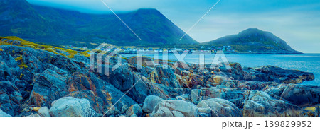 Fjord, rocky beach in the night, nature Norway. Senja island. Beautiful bay. Picturesque nature Fjord, rocky beach in the night, nature Norway. Senja island. Beautiful bay. Picturesque nature 139829952