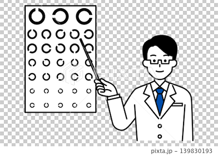 A male doctor performing an eye exam using an eye chart. A male doctor performing an eye exam using an eye chart. 139830193
