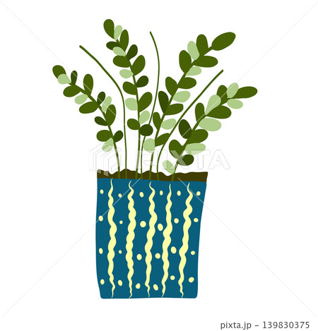 Minimal vector illustration of decorative green houseplant in patterned blue flower pot isolated on light background. Flat modern botanical design with simple organic shapes 139830375