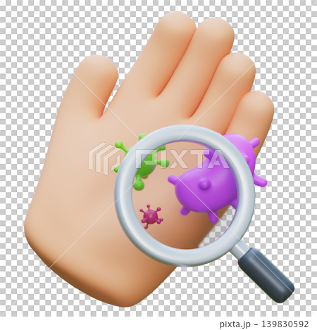 3D Render of Magnifying Glass Zooming in on Bacteria Cells on Hand 139830592