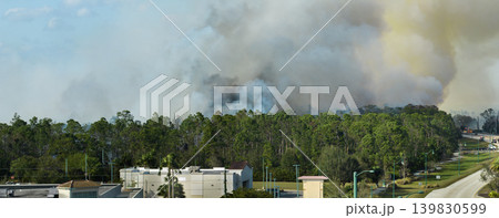 Aerial view of strong wildfire burning severely in North Port city, Florida. Natural disaster during dry season in jungle woods Aerial view of strong wildfire burning severely in North Port city, Florida. Natural disaster during dry season in jungle woods 139830599