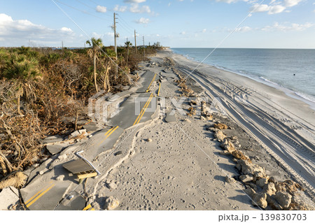 Hurricane Milton storm surge destroyed Manasota Key road at Blind Pass Beach. Severe damage to waterfront infrastructure in Florida Hurricane Milton storm surge destroyed Manasota Key road at Blind Pass Beach. Severe damage to waterfront infrastructure in Florida 139830703