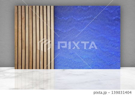Modern Wall Panel Featuring a Combination of Natural wood slats and a Blue LED Screen Modern Wall Panel Featuring a Combination of Natural wood slats and a Blue LED Screen 139831404