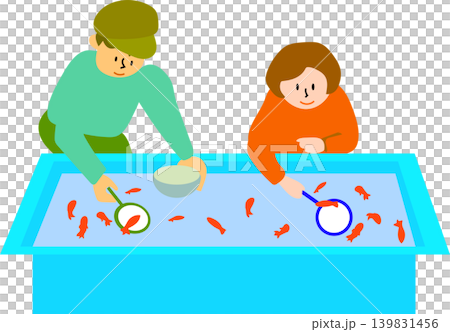 一幅描繪一男一女玩撈金魚遊戲的插圖。 一幅描繪一男一女玩撈金魚遊戲的插圖。 139831456