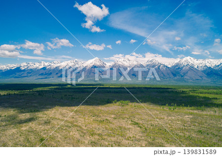 Snow-covered mountain range towers above a sprawling green plain. Small trees and various plants cover the foreground Snow-covered mountain range towers above a sprawling green plain. Small trees and various plants cover the foreground 139831589
