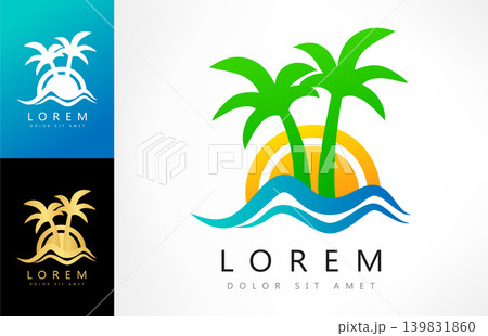 Travel logo. Sea, sun, and palm tree. Beach logo vector. Oasis 139831860