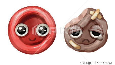 Healthy and sick red blood cell cartoon characters side by side. Hand drawn watercolor illustration showing a comparison of blood health and anemia. Healthy and sick red blood cell cartoon characters side by side. Hand drawn watercolor illustration showing a comparison of blood health and anemia. 139832058