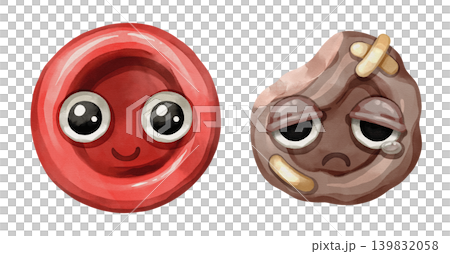 Healthy and sick red blood cell cartoon characters side by side. Hand drawn watercolor illustration showing a comparison of blood health and anemia. Healthy and sick red blood cell cartoon characters side by side. Hand drawn watercolor illustration showing a comparison of blood health and anemia. 139832058