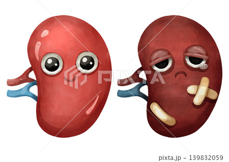 Healthy and sick spleen cartoon characters set. Hand drawn watercolor illustration comparing a happy organ with an injured organ with bandages. Healthy and sick spleen cartoon characters set. Hand drawn watercolor illustration comparing a happy organ with an injured organ with bandages. 139832059