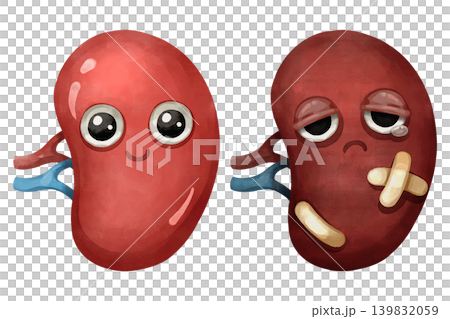 Healthy and sick spleen cartoon characters set. Hand drawn watercolor illustration comparing a happy organ with an injured organ with bandages. Healthy and sick spleen cartoon characters set. Hand drawn watercolor illustration comparing a happy organ with an injured organ with bandages. 139832059
