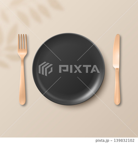 Vector 3d Black Empty Plate with Fork and Knife. Table Setting Top View. Minimal Dinnerware Mockup for Restaurant Menu. Clean Ceramic Dish and Cutlery. Dining Place Setting Isolated Vector 3d Black Empty Plate with Fork and Knife. Table Setting Top View. Minimal Dinnerware Mockup for Restaurant Menu. Clean Ceramic Dish and Cutlery. Dining Place Setting Isolated 139832102
