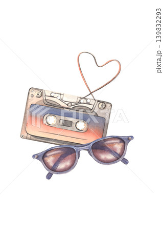 Audio cassette and sunglasses postcard, poster. Hand-painted watercolor illustration isolated on white. Perfect for music, retro lifestyle branding, printing, storytelling, editorial design, websites Audio cassette and sunglasses postcard, poster. Hand-painted watercolor illustration isolated on white. Perfect for music, retro lifestyle branding, printing, storytelling, editorial design, websites 139832293