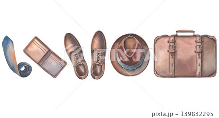 Suitcase, boots, tie, hat, wallet seamless border. Hand-painted watercolor illustration isolated on white for travel, gentleman lifestyle, fashion, branding, design, ad, printing on textile, decor Suitcase, boots, tie, hat, wallet seamless border. Hand-painted watercolor illustration isolated on white for travel, gentleman lifestyle, fashion, branding, design, ad, printing on textile, decor 139832295