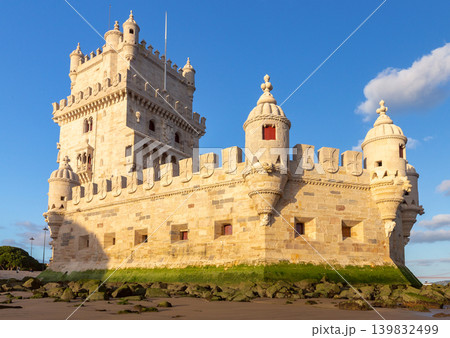 Belem Tower at low tide on Tagus River waterfront in Lisbon Portugal 139832499