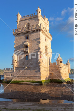 Belem Tower at low tide on Tagus River waterfront in Lisbon Portugal Belem Tower at low tide on Tagus River waterfront in Lisbon Portugal 139832501