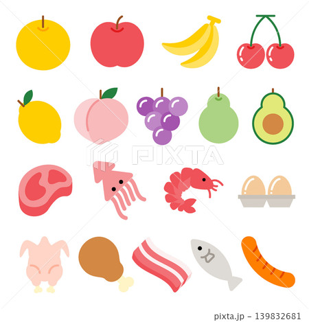 Supermarket Fruits, Meat, and Seafood Ingredients Icon Set - Flat Color Supermarket Fruits, Meat, and Seafood Ingredients Icon Set - Flat Color 139832681