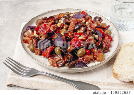 a plate of Sicilian caponata, vegetable stew, Italian cuisine, homemade, no people, a plate of Sicilian caponata, vegetable stew, Italian cuisine, homemade, no people, 139832687