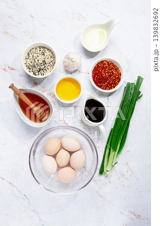 ingredients for marinating eggs, Mayak Gyeran, are laid out on a bright table, top view, no people, 139832692