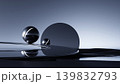 3D render, Abstract black metallic spheres with large circle and reflections in futuristic minimalist landscape 139832793