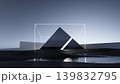 3D render, Abstract black pyramid with glowing cube frame in dark futuristic minimalist landscape 139832795