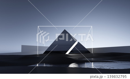 3D render, Abstract black pyramid with glowing cube frame in dark futuristic minimalist landscape 3D render, Abstract black pyramid with glowing cube frame in dark futuristic minimalist landscape 139832795