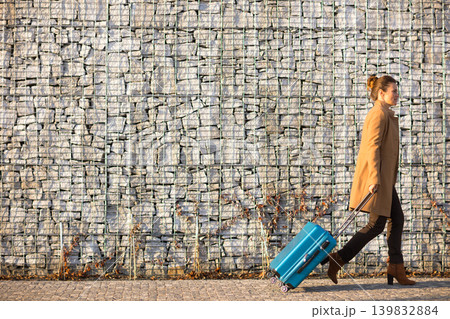 Commuter Walking with Luggage Near Railway Hub 139832884