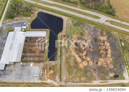 Large stockyard with meat cows. Feeding of cattle on farm feedlot in countryside area Large stockyard with meat cows. Feeding of cattle on farm feedlot in countryside area 139833094