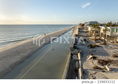 Destroyed houses on ocean coast. Hurricane Milton consequences in Englewood, Florida. Storm surge severe damage 139833112