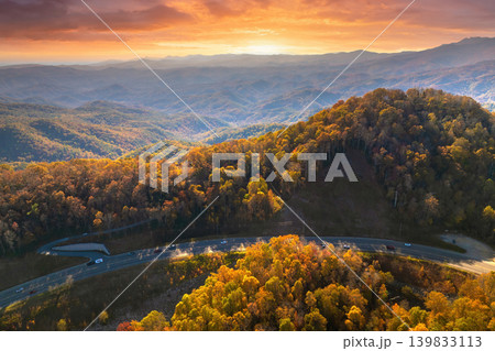American highway in North Carolina Appalachian mountains in fall season with fast moving traffic. Interstate transportation concept 139833113