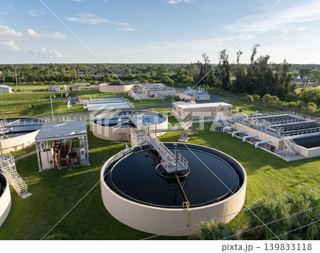 Water treatment facility at city wastewater cleaning plant. Purification process of removing undesirable chemicals, suspended solids and gases from contaminated liquid Water treatment facility at city wastewater cleaning plant. Purification process of removing undesirable chemicals, suspended solids and gases from contaminated liquid 139833118