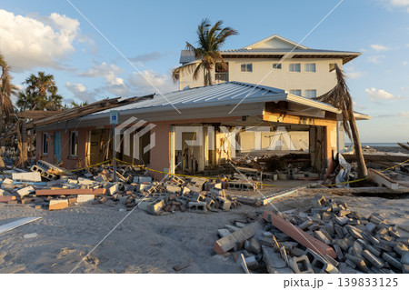 Storm surge severe damage to waterfront houses after hurricane Milton in Englewood, Florida. Destroyed homes on gulf coast Storm surge severe damage to waterfront houses after hurricane Milton in Englewood, Florida. Destroyed homes on gulf coast 139833125