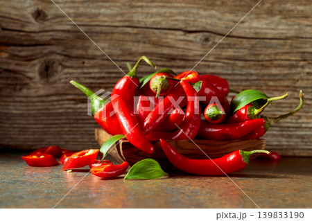 Red hot chili peppers on a old wooden background. Red hot chili peppers on a old wooden background. 139833190