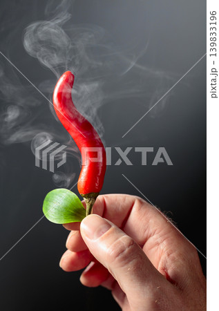 A man's hand holds a steaming hot red chili pepper. A man's hand holds a steaming hot red chili pepper. 139833196
