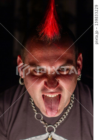 Punk rock musician with red crest hairstyle and piercings portrait Punk rock musician with red crest hairstyle and piercings portrait 139833229